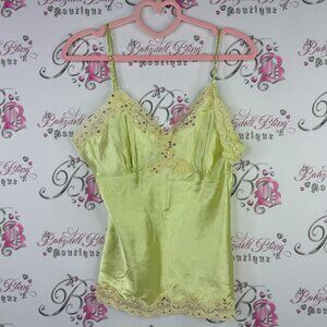 Seduction tank top silky satiny lime green pastel with beige gold sequin lace